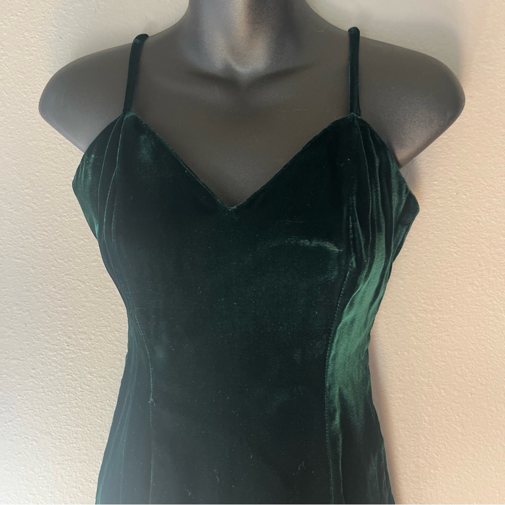 Vintage Roberta Dark Green Velvet Dress Spaghetti Strap Front Slit Size 3/4 - Picture 2 of 10